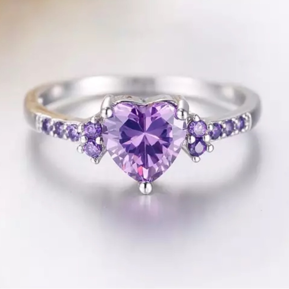 Real Tibetan 925 Sterling Silver Purple Zircon Heart Shaped Ring